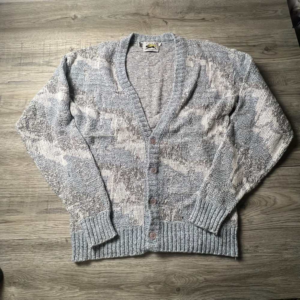Le Tigre Cardigan Sweater Mens XL Blue Abstract Geometric Knit Vintage USA Made